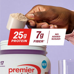 Premier Protein Plus Fiber Chocolate shake in a glass after a workout