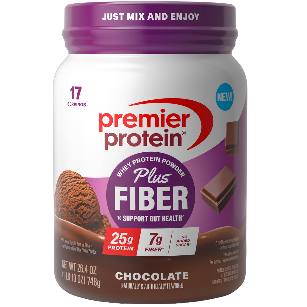 Premier Protein Plus Fiber Chocolate tub with scoop for protein and fiber boost