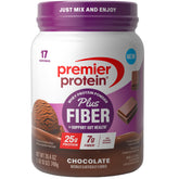 Premier Protein Plus Fiber Chocolate tub with scoop for protein and fiber boost
