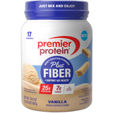 Premier Protein Plus Fiber vanilla tub highlighting protein and fiber for sustained fullness.