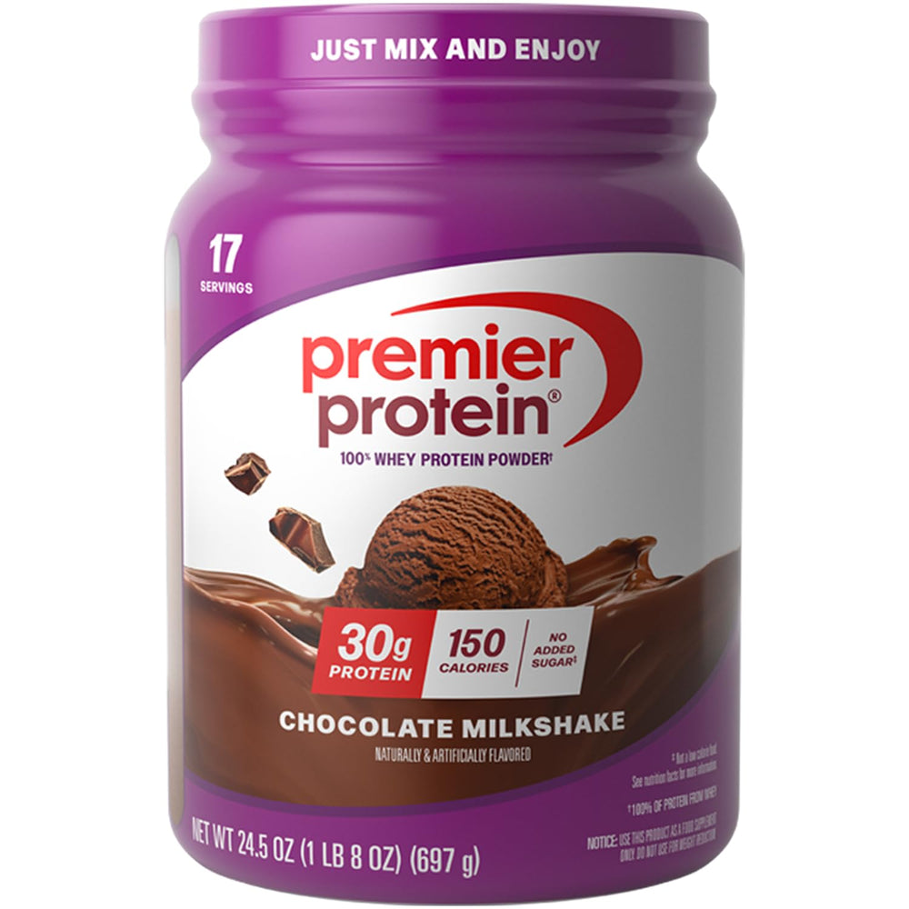 Premier Protein Chocolate Milkshake canister front view for daily protein intake.