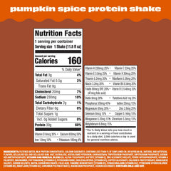 Premier Protein Pumpkin Spice bottle being poured as a quick smoothie base