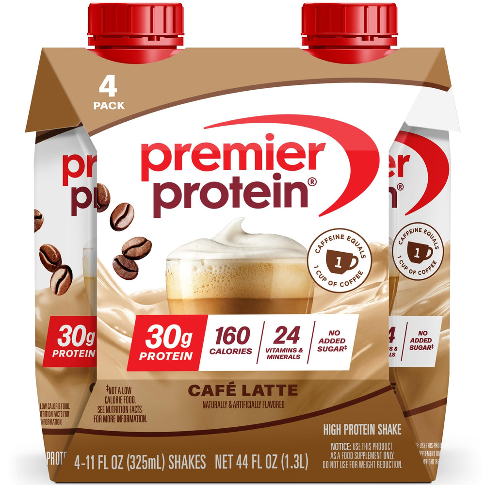Premier Protein Shake Cafe Latte bottle with creamy coffee flavor and caffeine boost
