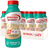 Premier Protein Cake Batter shake bottle front view highlighting 30g protein and low sugar.