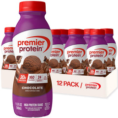 Premier Protein Shake chocolate bottle being poured for a quick high-protein breakfast.