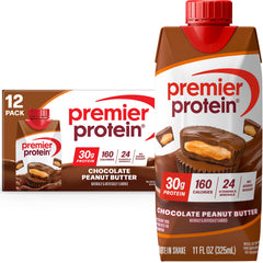 Premier Protein Shake Chocolate Peanut Butter bottle shows ready-to-drink nutrition.
