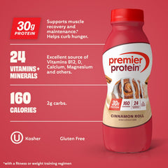 Pouring Premier Protein Shake Cinnamon Roll for a quick post-workout snack