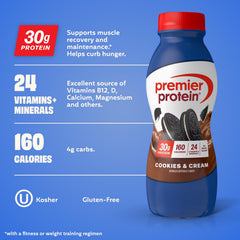 Cookies & Cream shake close-up from Premier Protein showing 30g protein