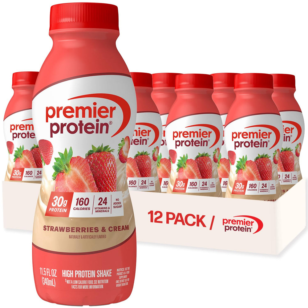 Premier Protein Strawberries & Cream bottle ready-to-drink for a quick protein snack