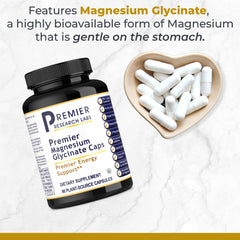 Close-up of a Premier Research Labs magnesium glycinate capsule signaling gentle, bioavailable support