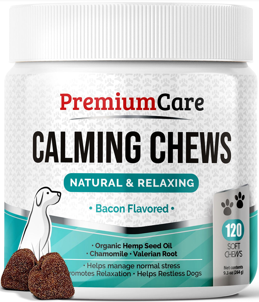 Premium Care calming chews in bottle with bacon flavor helping ease dog anxiety during stressful events