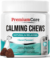 Premium Care calming chews in bottle with bacon flavor helping ease dog anxiety during stressful events