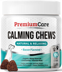 Premium Care calming chews in bottle with bacon flavor helping ease dog anxiety during stressful events