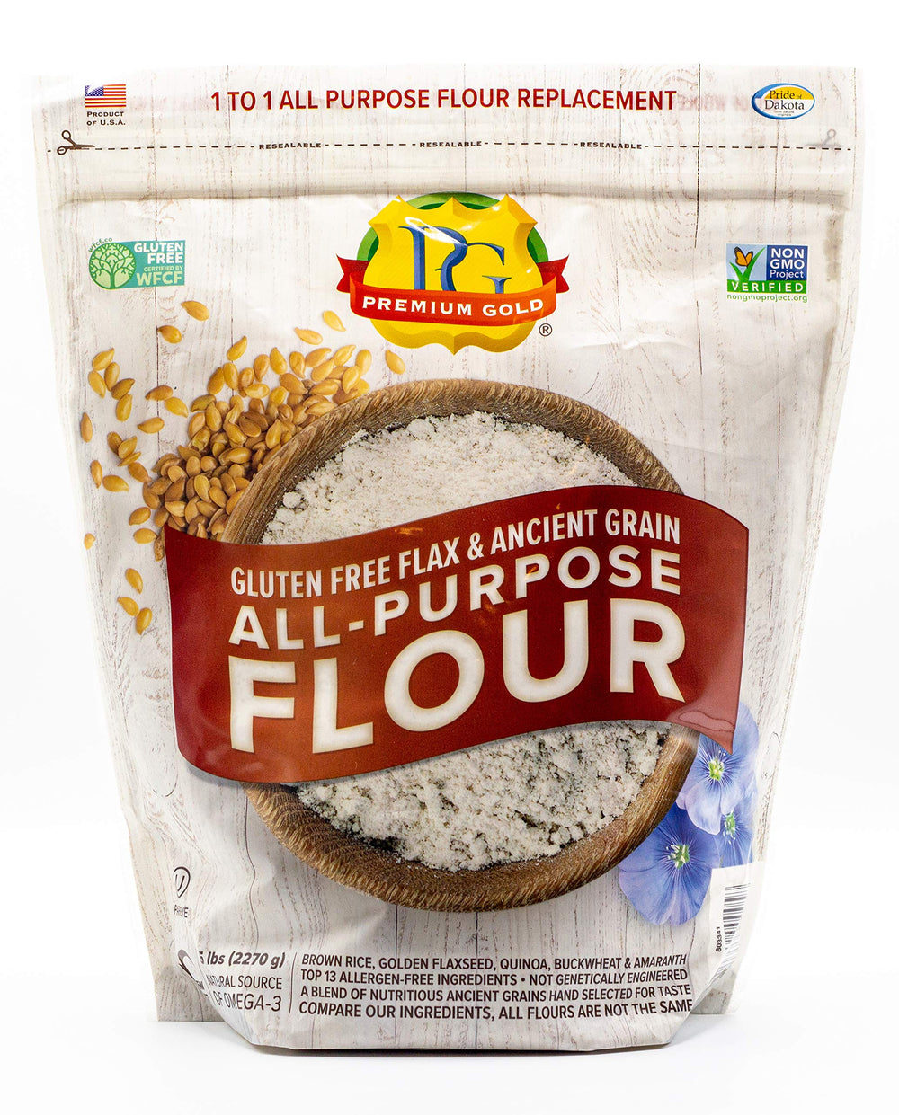 Premium Gold gluten-free flour bag label on a 5 lb resealable pouch