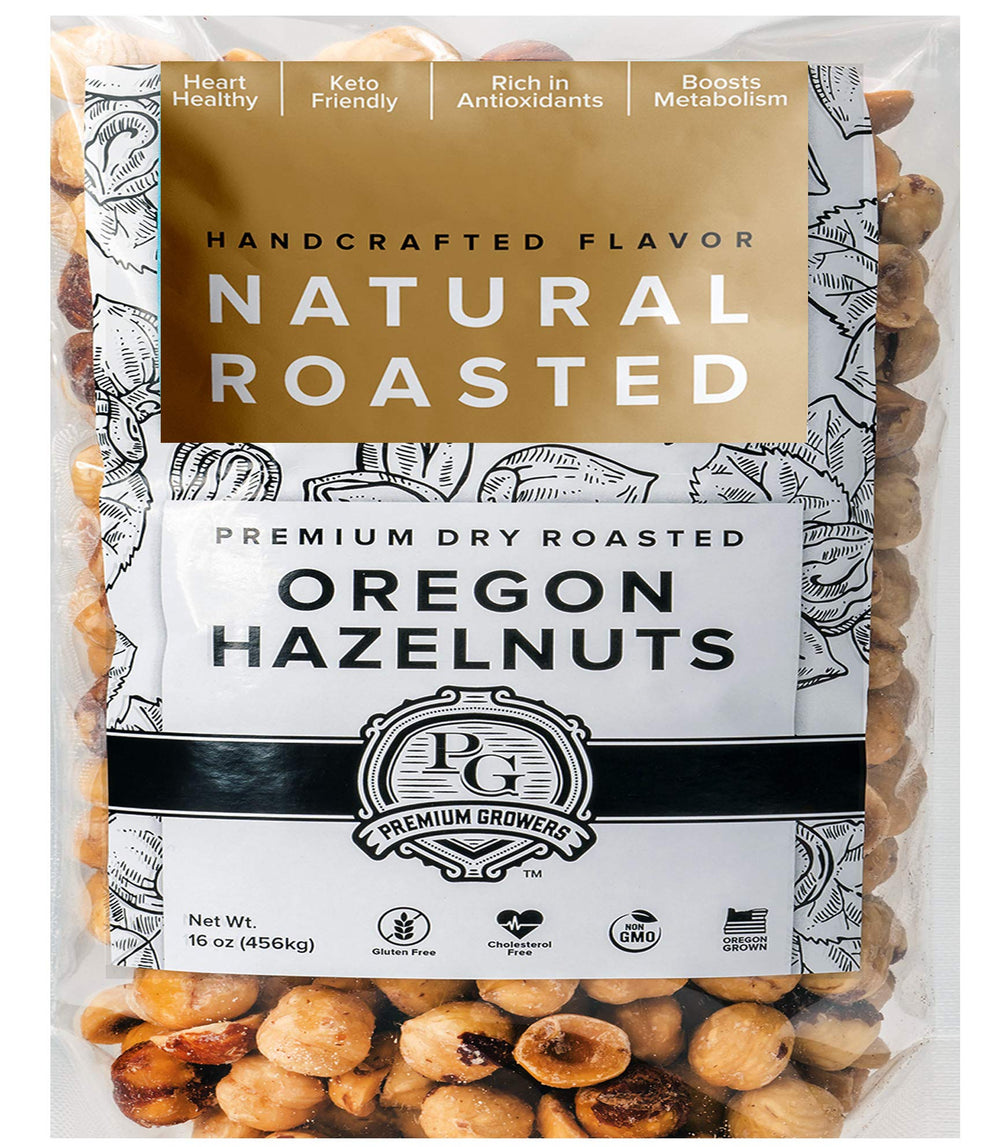 Premium Growers Oregon hazelnuts dry roasted in a 1 lb bag, ideal for on-the-go snacking.