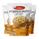 Premium Orchard roasted pumpkin seeds in-shell with sea salt, protein-rich snack.