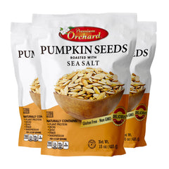 Premium Orchard roasted pumpkin seeds in-shell with sea salt, protein-rich snack.
