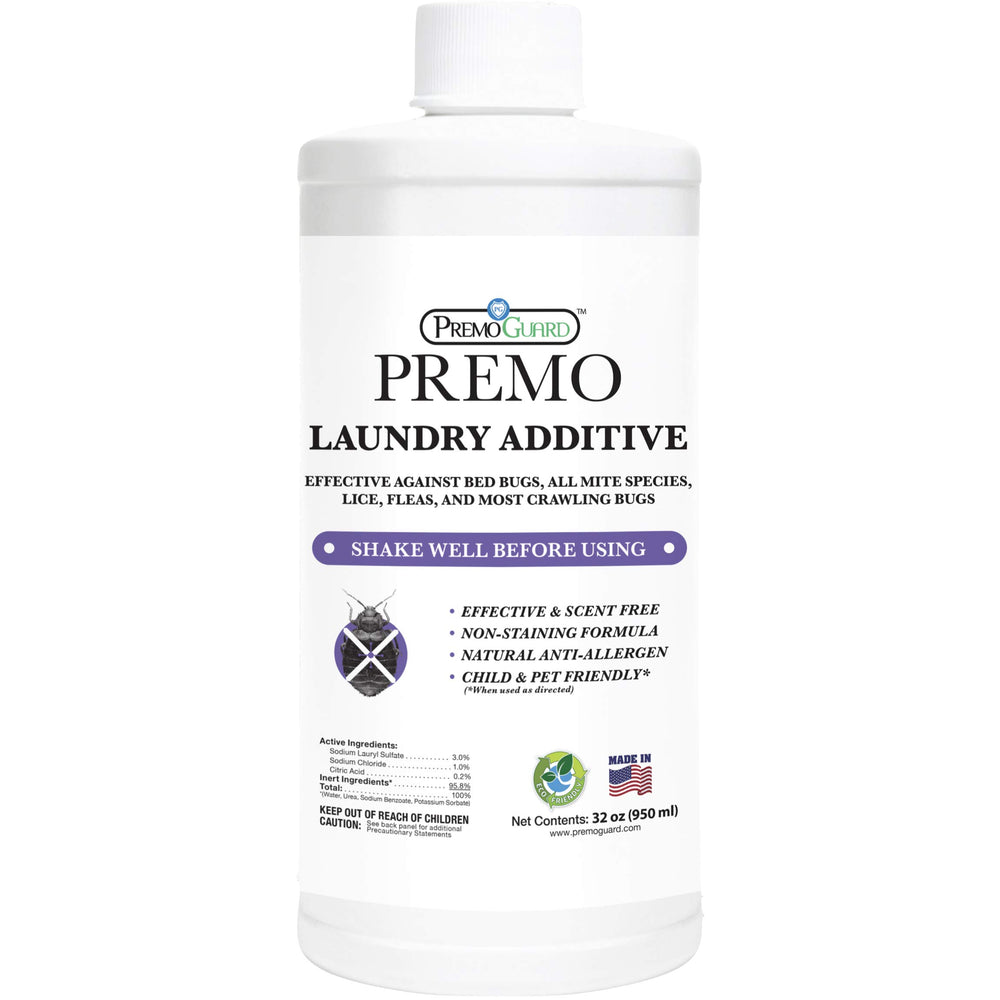 Premo Guard bed bug detergent additive bottle shown for safe family laundry