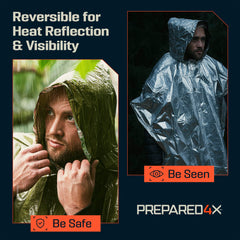 PREPARED4X emergency poncho durable-outer-green withstands rugged use.