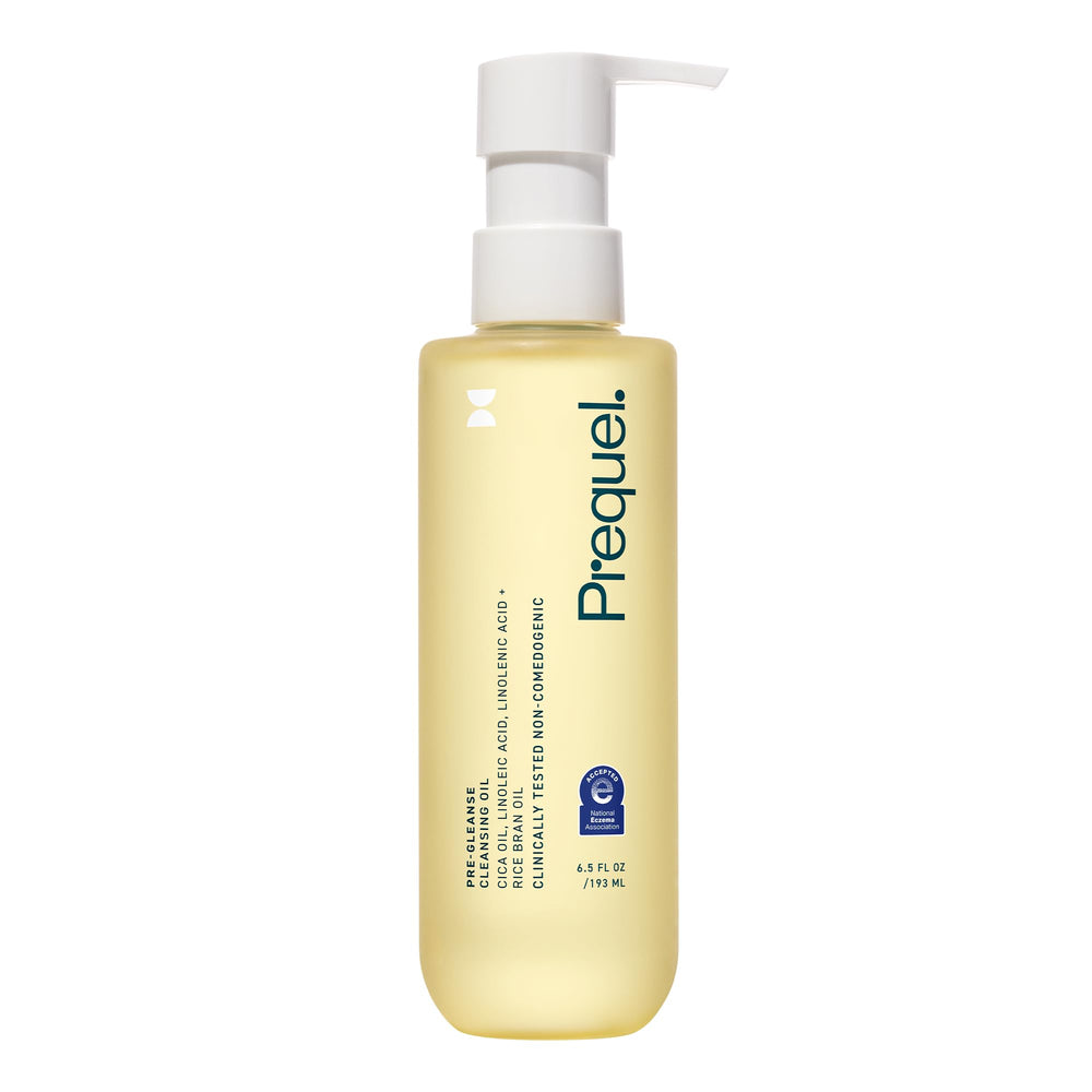 Prequel Skin Pre-Gleanse bottle pour showing easy makeup removal for daily routine