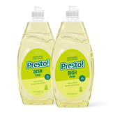 Presto! lemon dish soap bottle demonstrates grease-cutting power for easy cleanup.