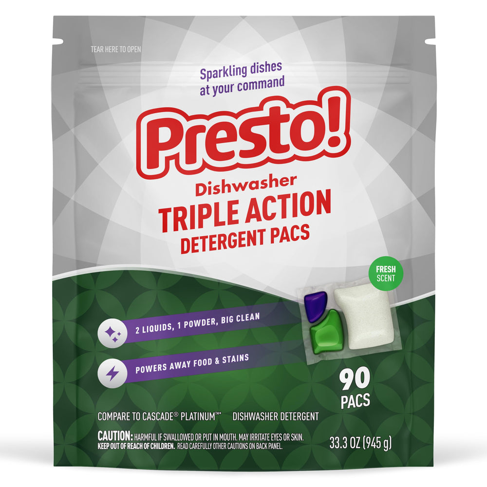 Presto! dishwasher pacs packaging shows fresh scent for sparkling dishes