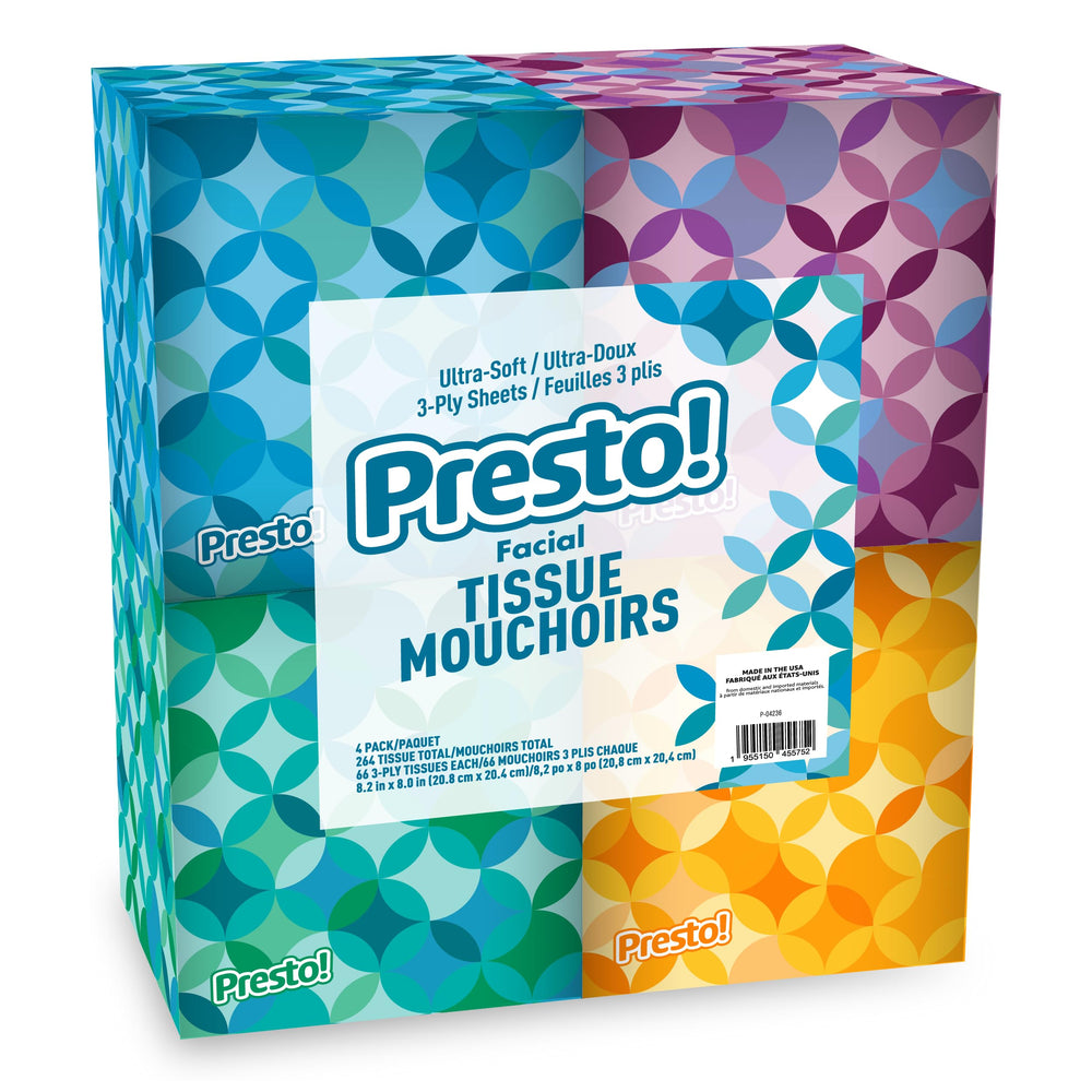 Presto! Ultra-Soft 3-Ply tissues in four cube boxes, ideal for everyday room use