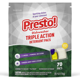 Presto! lemon-scented triple action pacs in a 70-count box for fresh-dish results.