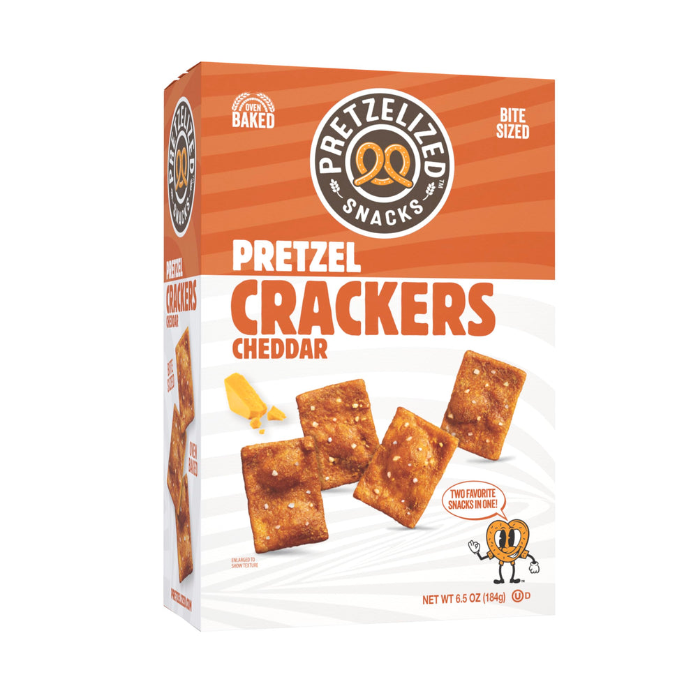 Pretzelized Cheddar Pretzel Crackers product shot highlighting crisp cheddar flavor and snack-ready crunch