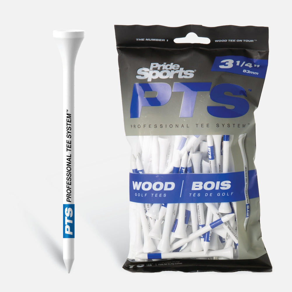 PrideSports PTS wood tees pack shot emphasizing durable natural hardwood for practice.