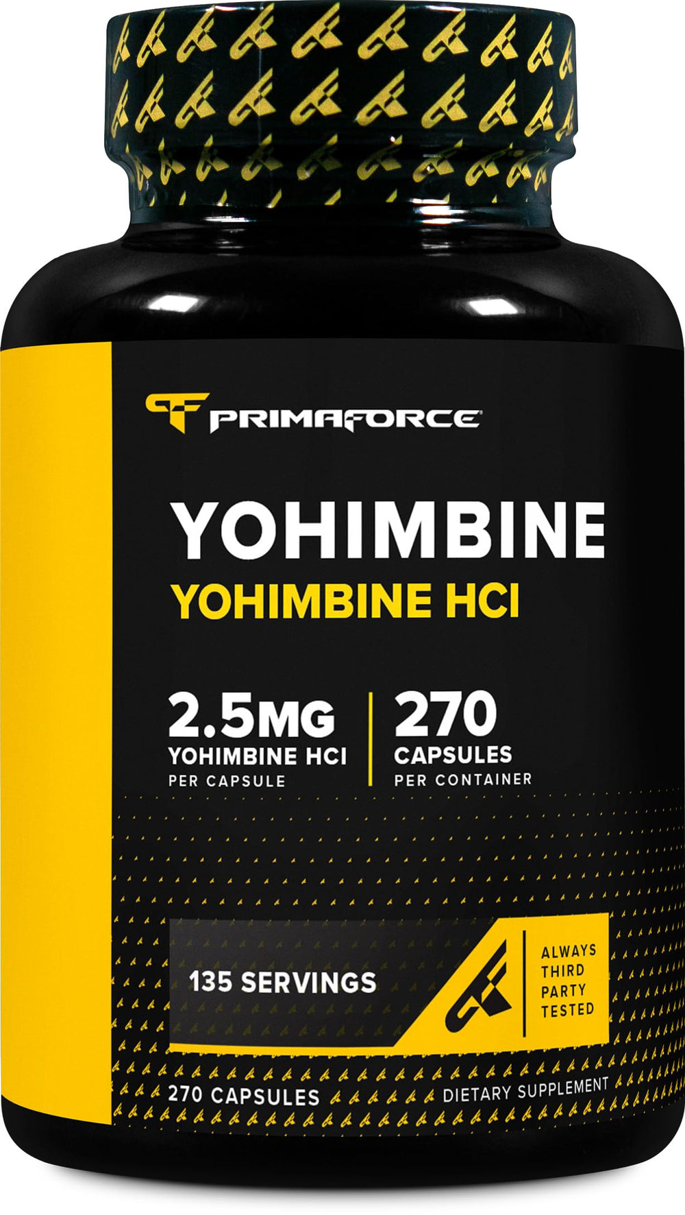 PrimaForce Yohimbine HCl capsules on a bottle, signaling workout-support potential