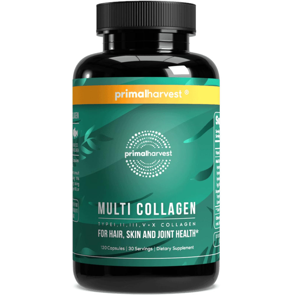 Primal Harvest multi collagen pills bottle shown, supporting skin, hair, and nails.
