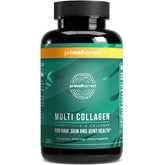 Primal Harvest multi collagen pills bottle shown, supporting skin, hair, and nails.