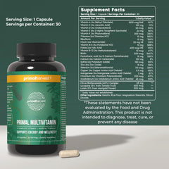 Primal Harvest Primal Multivitamin label highlights 21 vitamins for balanced wellness.