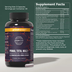 Primal Harvest Total Male+ bottle side view highlighting compact daily supplement format
