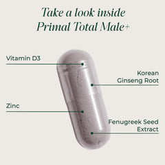 Primal Harvest Total Male+ capsules closeup with capsules visible