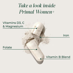 Primal Harvest Women+ capsules close-up highlighting easy daily dosage.