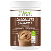 Primal Kitchen Chocolate Collagen Fuel Drink Mix tub shows packaging; convenient protein boost for daily routines.