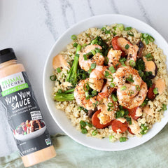 Primal Kitchen Yum Yum Sauce dipping on plate, enhances grilled veggies and skewers