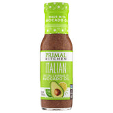 Primal Kitchen Italian Vinaigrette avocado oil bottle pour highlights fresh flavor for salads.