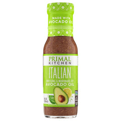 Primal Kitchen Italian Vinaigrette avocado oil bottle pour highlights fresh flavor for salads.