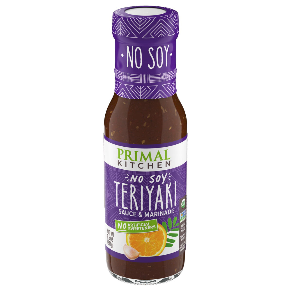 Primal Kitchen No-Soy Teriyaki bottle front showing organic flavor for versatile meals