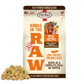 Primal Kibble in The Raw beef bag highlights raw protein and USA craftsmanship.