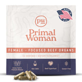 Primal Woman beef organ capsules bottle on counter for daily vitality.