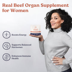 Primal Woman grass-fed liver capsules close-up showing premium nutrition.