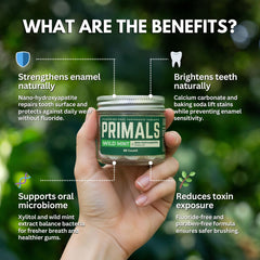 PRIMALS toothpaste tablets jar close-up showing enamel-friendly whitening.