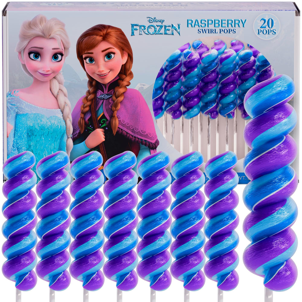 Primary Colors Candy Frozen Lollipops Swirl Pack shows playful party favors with raspberry flavor.