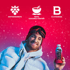 Label closeup of PRIME Hydration Cherry Freeze showing 250mg BCAAs and antioxidants