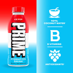Prime Hydration Ice Pop label highlights 250 mg BCAAs and B vitamins.