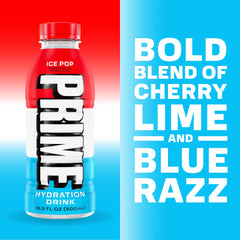 Prime Hydration Ice Pop 16.9 oz bottle highlights electrolytes and antioxidants.